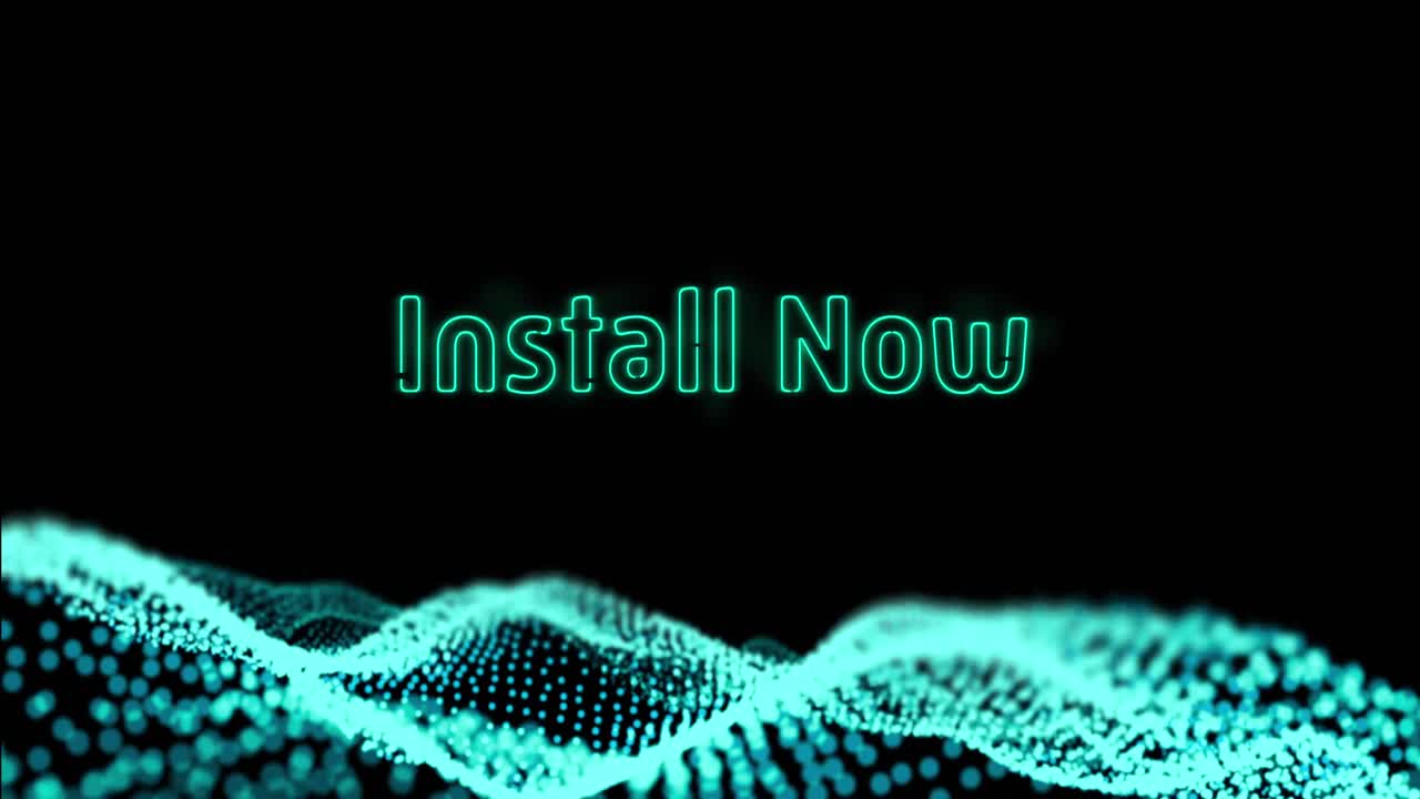 Animation of install now neon text and data processing over black background