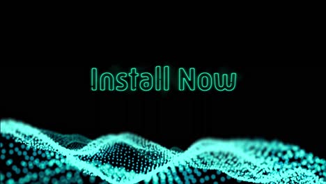 animation of install now neon text and data processing over black background