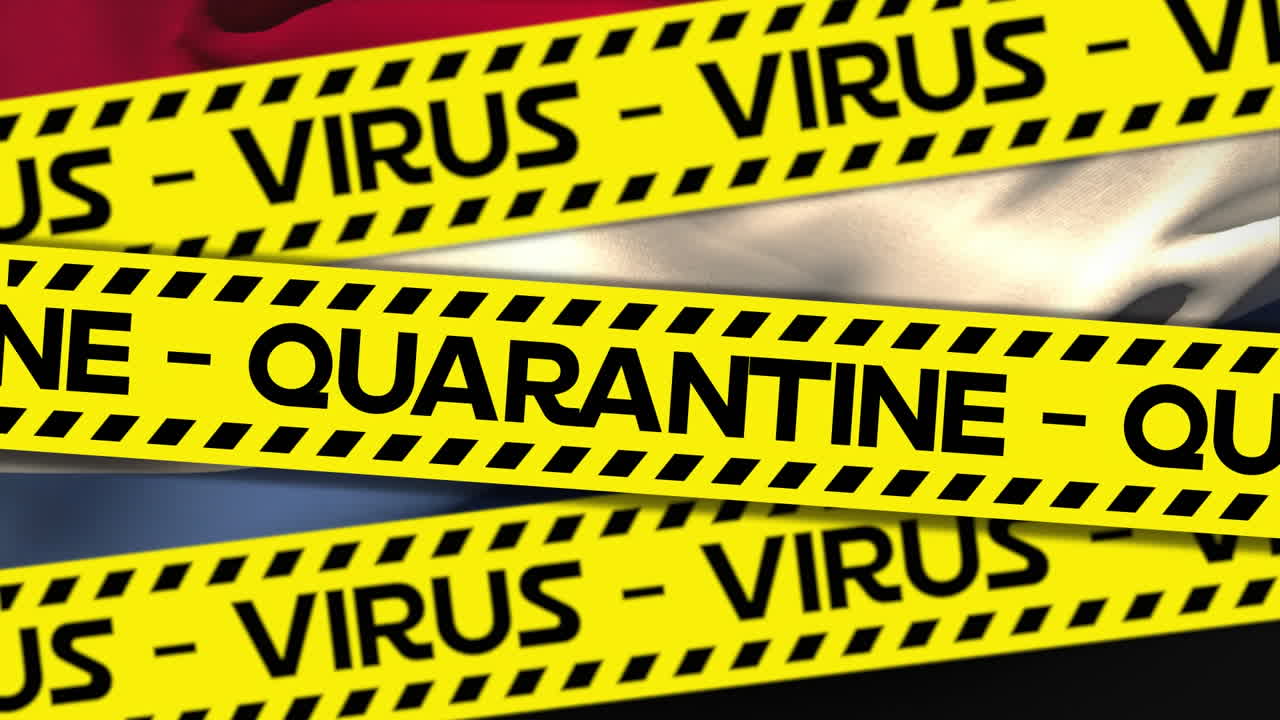 animación de las palabras cuarentena y virus escritas en amarillo en cinta
