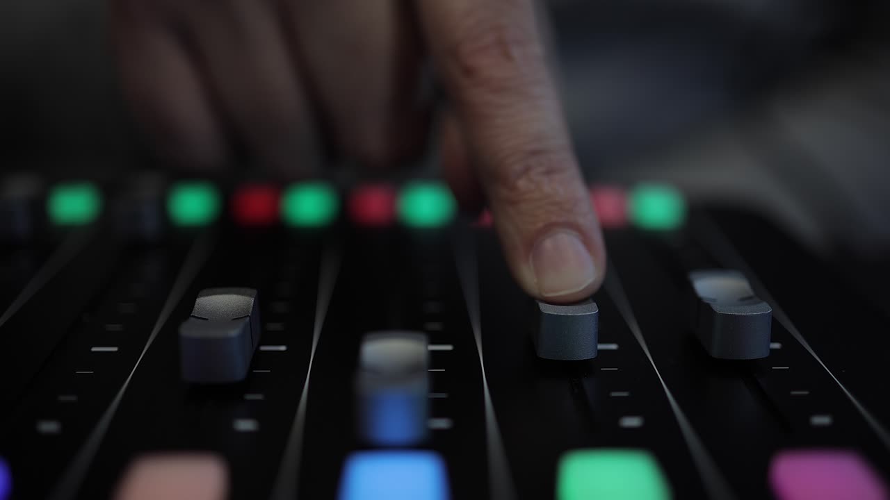 Close-up of an audio mixer with hand adjusting levels