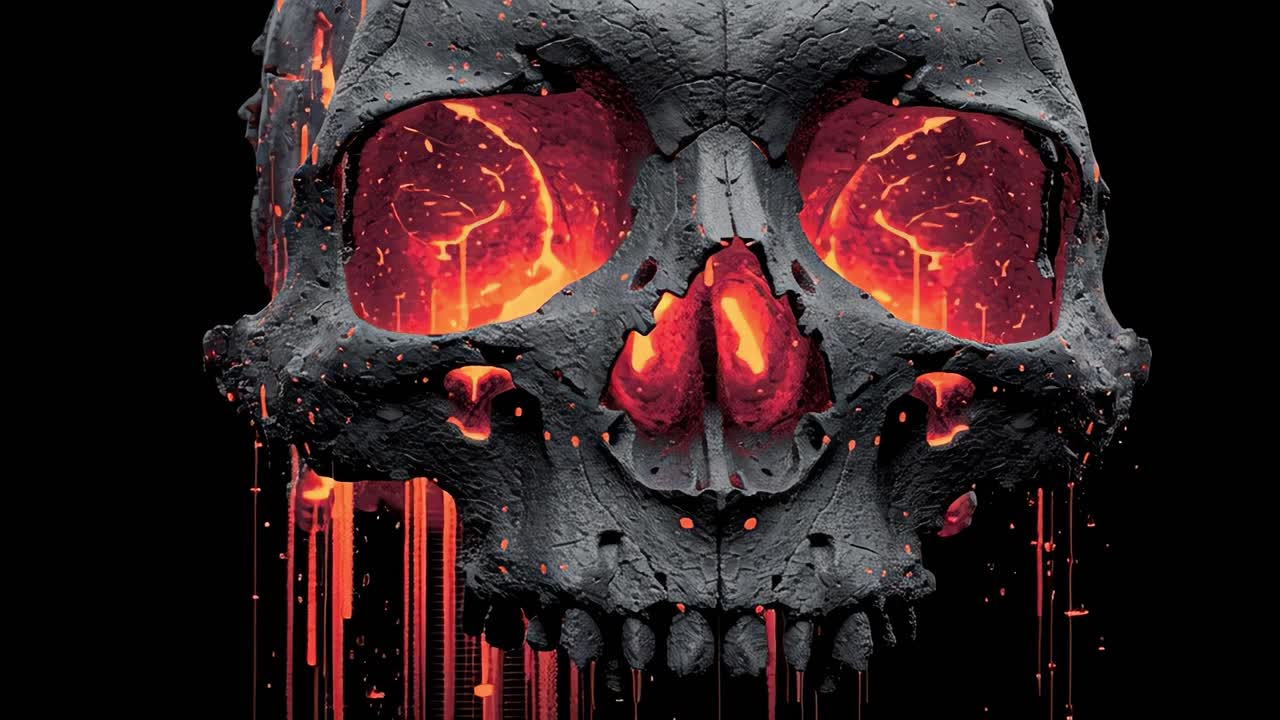 Burning skull rotating on black background with lava dripping