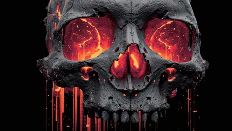 burning skull rotating on black background with lava dripping