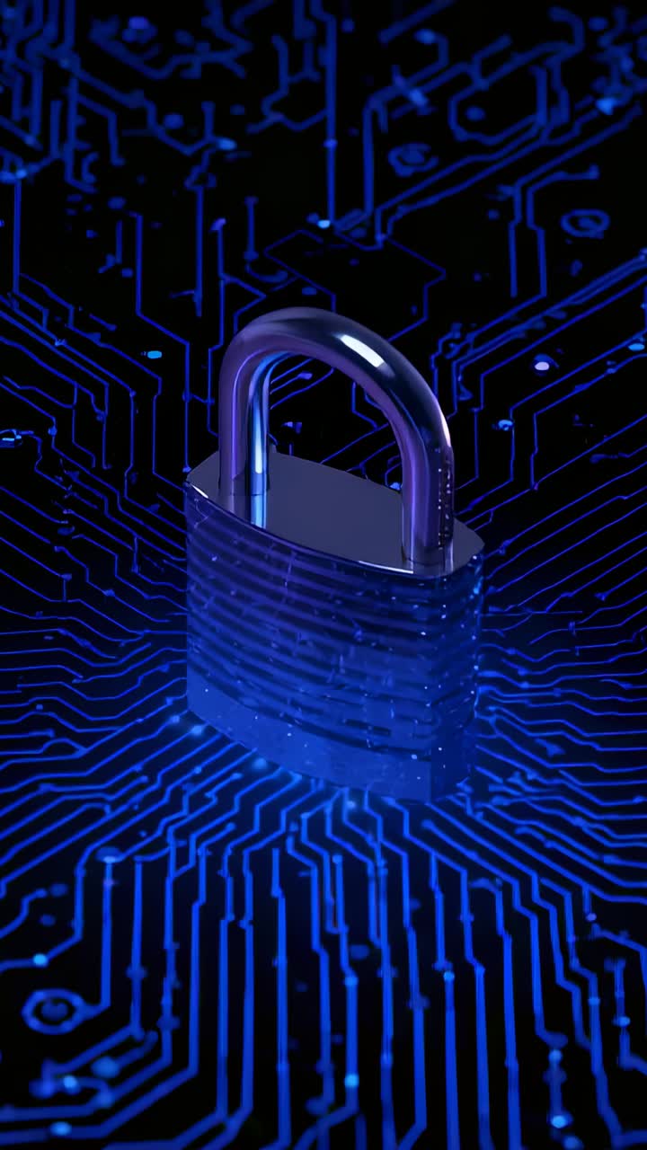 Vertical video: Blue pulses sparking lock icon rotating on circuit grid traces meeting for security