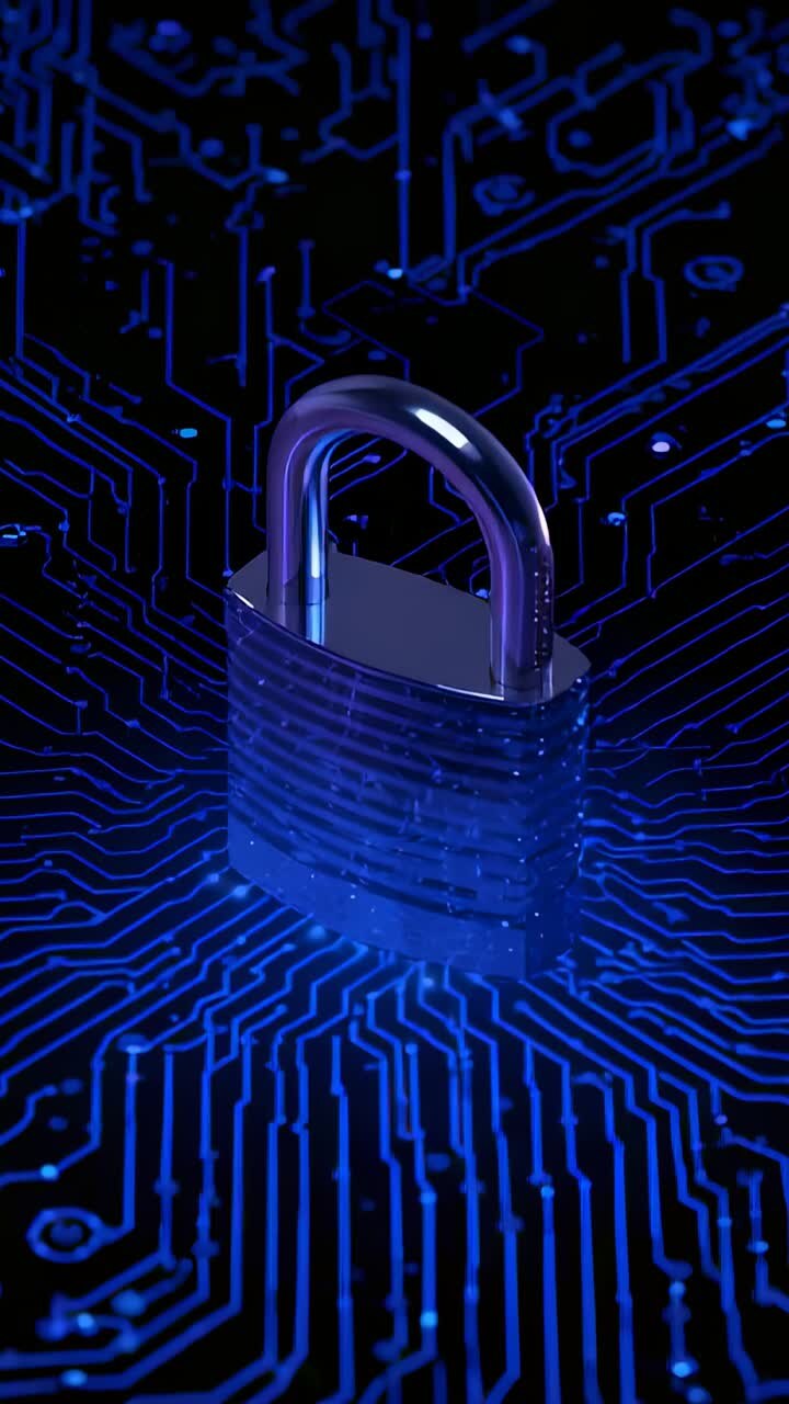 Vertical video: Blue pulses sparking lock icon rotating on circuit grid traces meeting for security