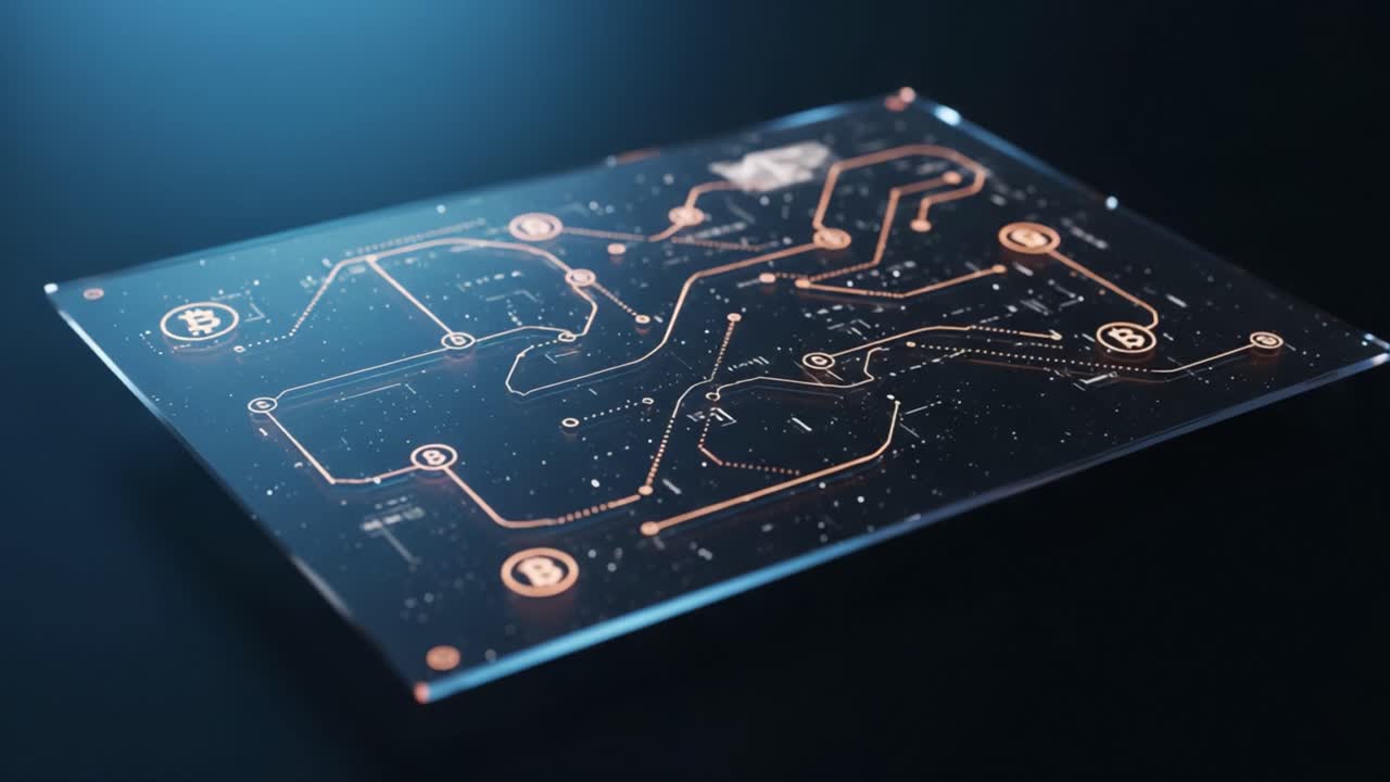 Futuristic Digital Map Displaying Intricate Pathways and Cryptocurrency Symbols in a High-Tech Setting, Illuminated with an Ethereal Glow