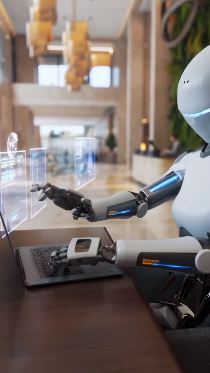 Humanoid Robot Interacting with Laptop and Holographic Interface in Modern Office