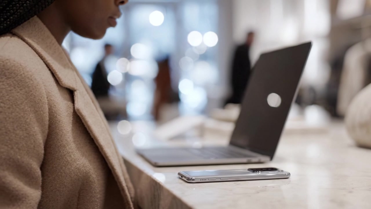 A focused individual sits at a modern workspace, contemplating their digital devices including a laptop and smartphone, with a blurred background of an inviting space.