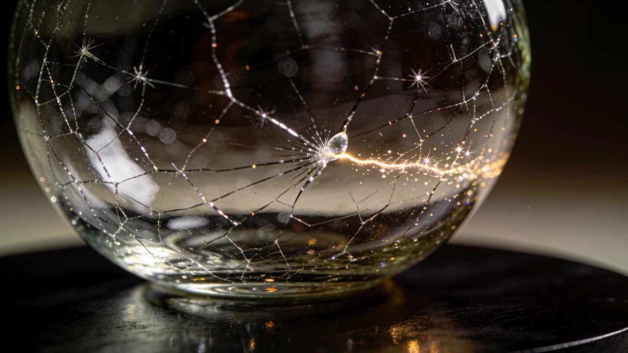 Glowing droplet sending filament along bowl crack at pedestal, revealing web cracks with sparks