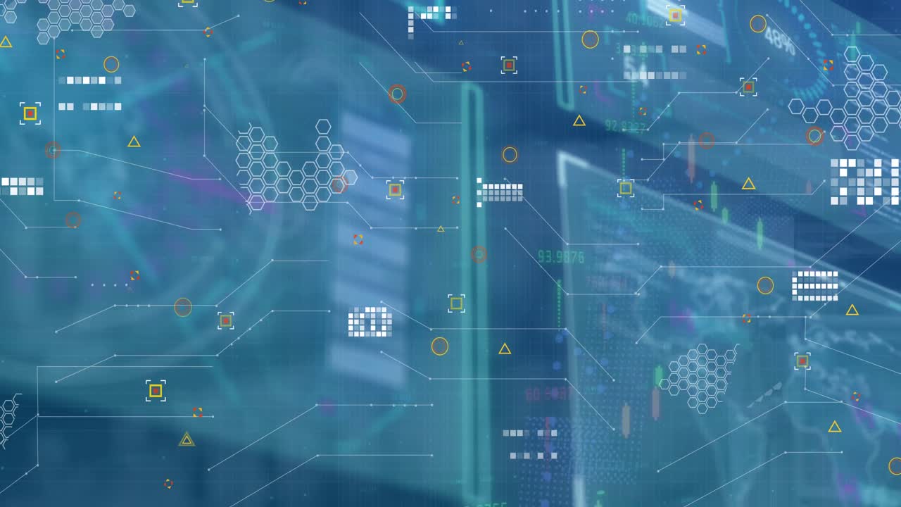 파란색 배경에 디지털 인터페이스와 데이터 처리의 애니메이션