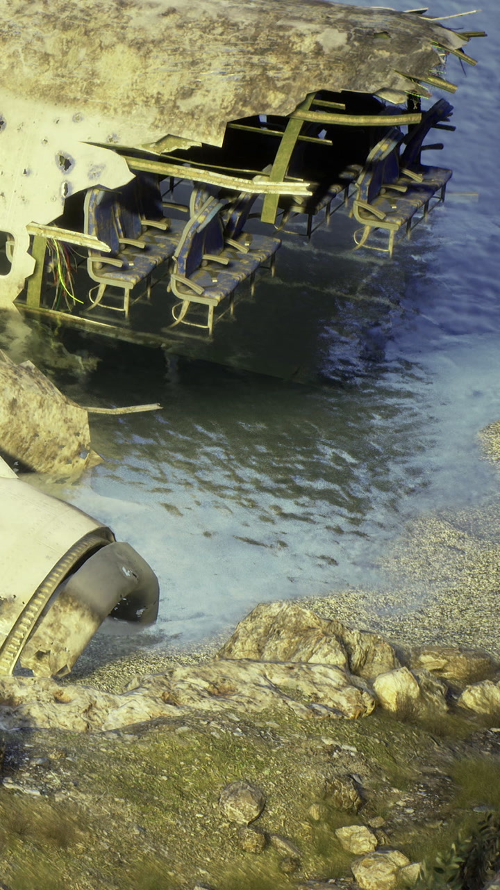 Plane wreck underwater showing seats and debris in shallow water