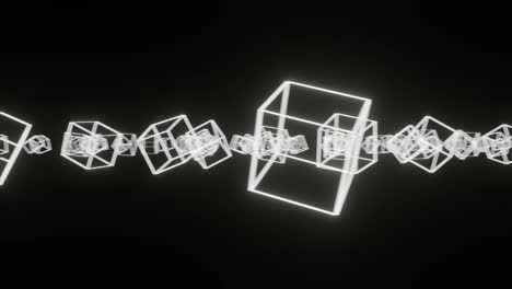 cubos blancos con bordes brillantes de neón en un espacio oscuro. concepto creativo simple gráfico de movimiento sin costuras de bucle fondo animado