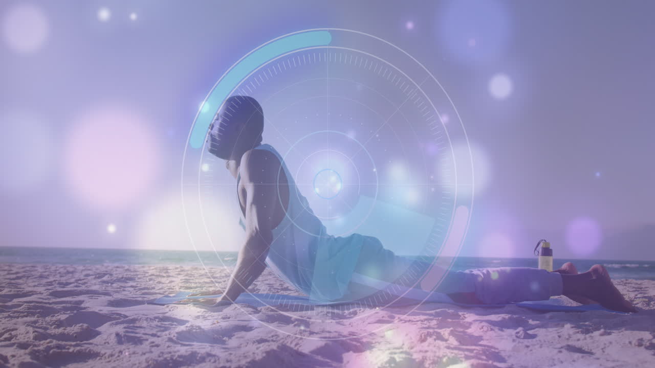 escáner redondo y puntos brillantes de luz contra afroamericano hombre en forma realizando flexiones