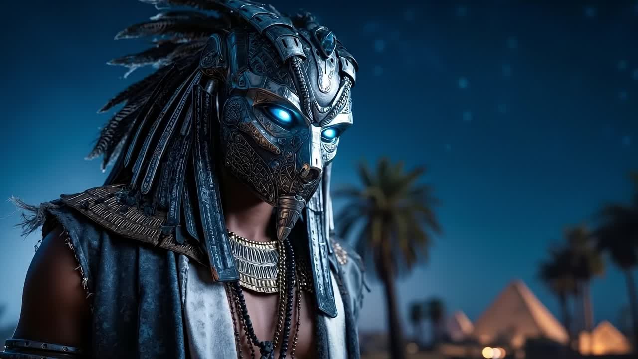A man wearing a mask with blue eyes in front of a pyramid