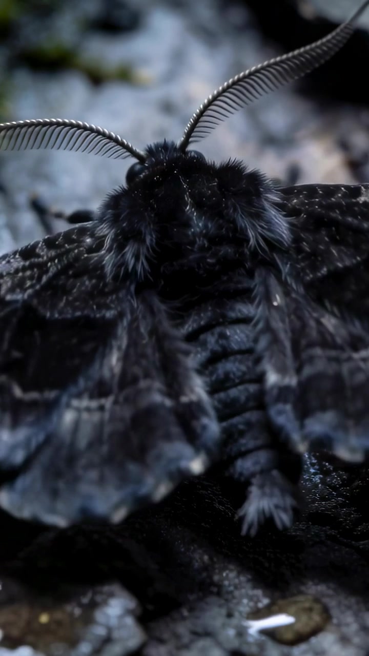 Vertical video: Pulling back camera showing dark moth moving antennae on damp rock, revealing moss