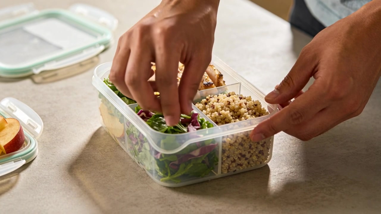 Hands entering frame packing 3-part container in kitchen, arranging chicken, in grey tee, for lunch