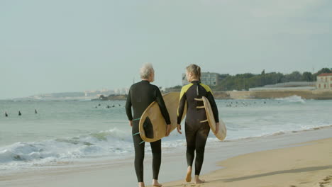 back view of a senior couple in wetsuit walking along the beach with surfboard