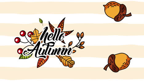 hello autumn season with leafs and seeds animation