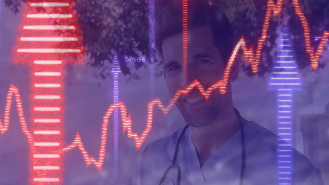Doctor wearing stethoscope smiling, displaying financial graph and rising arrows in healthcare tech