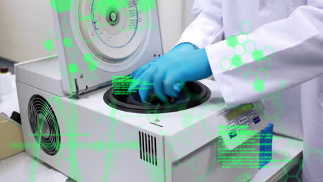 animation of data processing over mid section of a scientist using centrifuge machine at laboratory