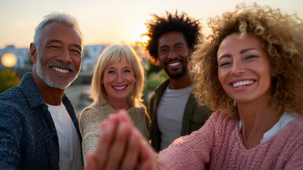Grupo diversificado de amigos celebrando juntos ao pôr do sol