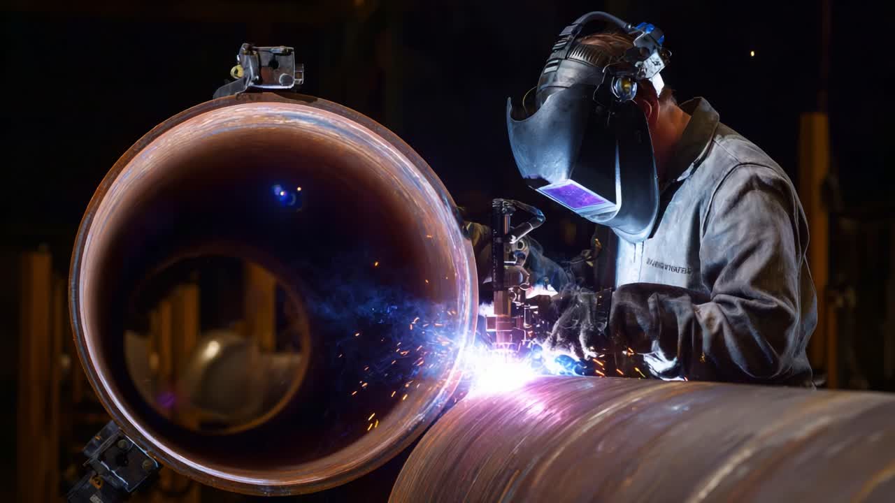 Skilled Welder Illuminates Metal Pipes with Precision Arc Welding Technique, Creating Sparks and Ensuring Strong Joints for Industrial Applications and Fabrication Projects