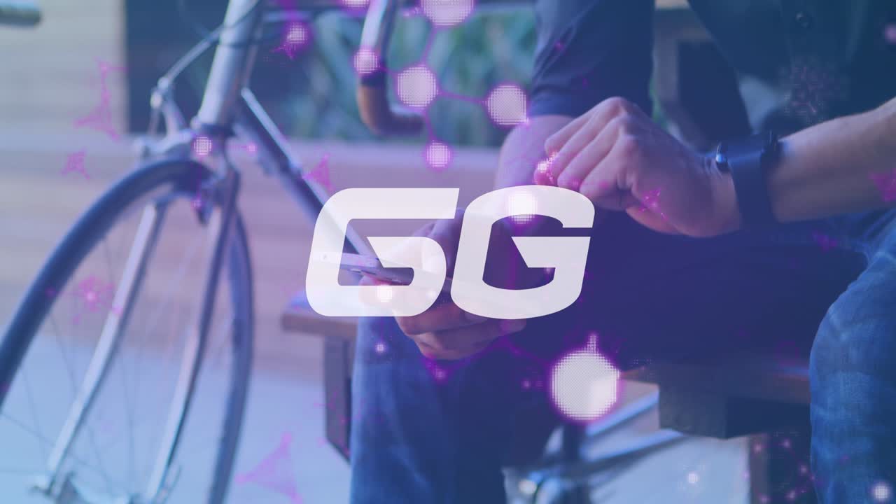animación de texto de 6g en blanco sobre un hombre que usa un teléfono inteligente en el fondo