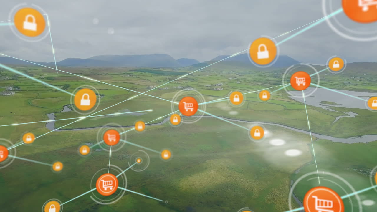 animación de iconos conectados sobre vista aérea de un arroyo de agua en un paisaje verde contra un cielo nublado