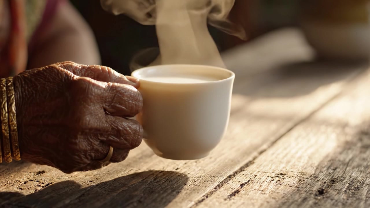 Primo piano di una tazza fumante di bevanda calda tenuta da una mano segnata, che cattura l'essenza di comfort e calore in una luce soffusa