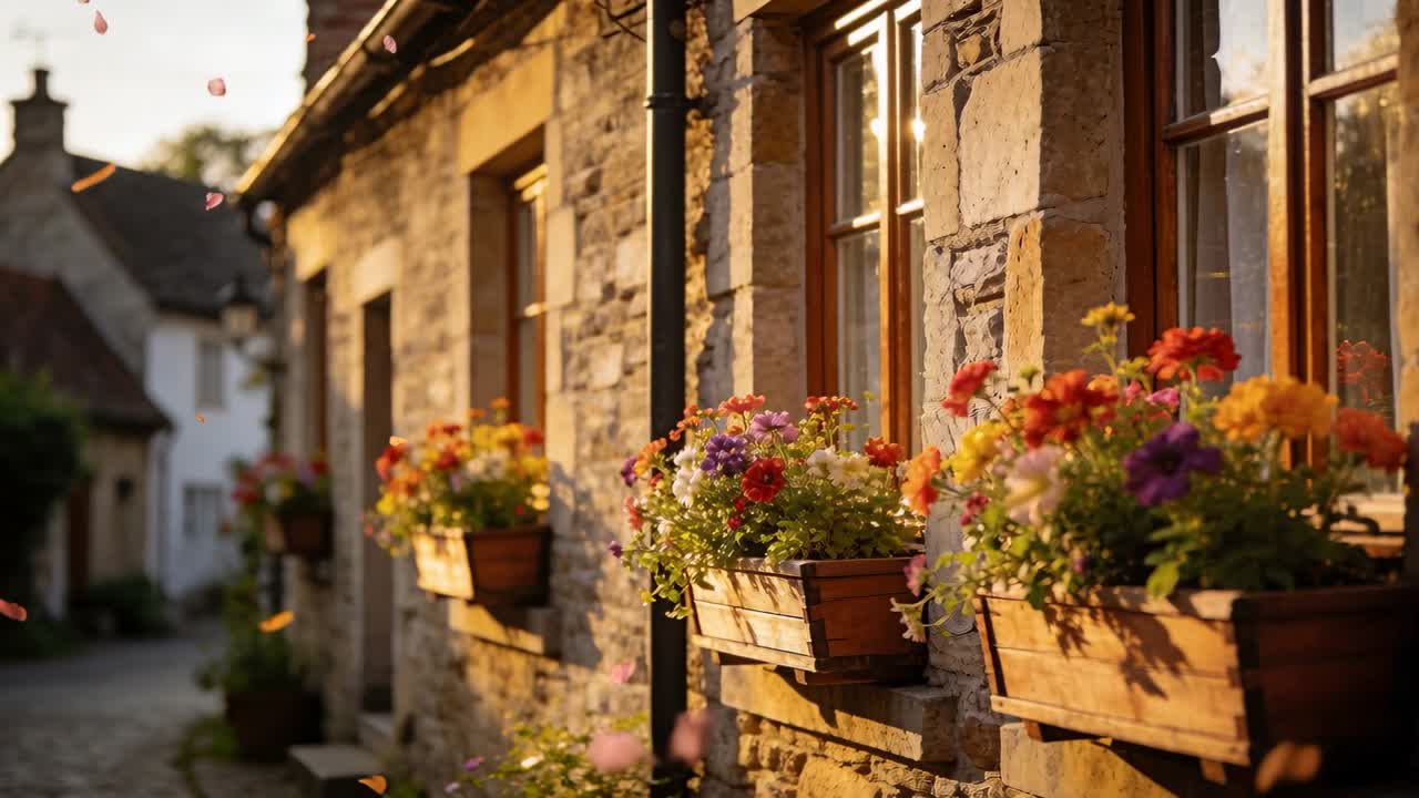 Fioriere in primo piano, con la brezza che soffia petali e la telecamera che scorre con sovrapposizioni a tema viaggio.