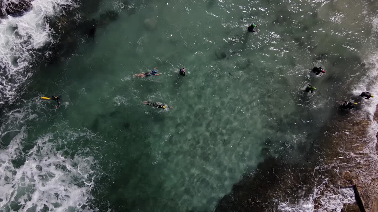 트라이애슬론 수영선수들이 물 밖으로 나간다.