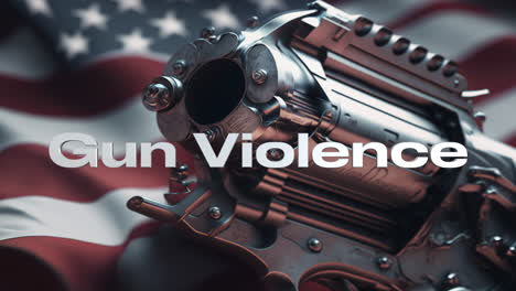 firearm gun violence in united states of america, concept illustration of gun and american flag in background with title