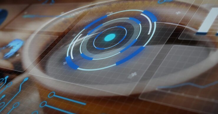 Holographic HUD faintly appearing, rotating and aligning over cup rim, showing coffee roast data