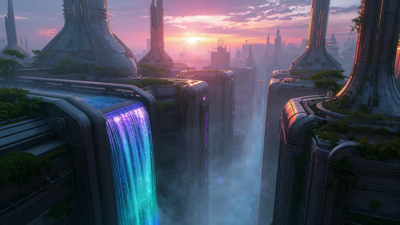 Pouring neon waterfall from left terrace into misty canyon, towers with green roofs, copy space