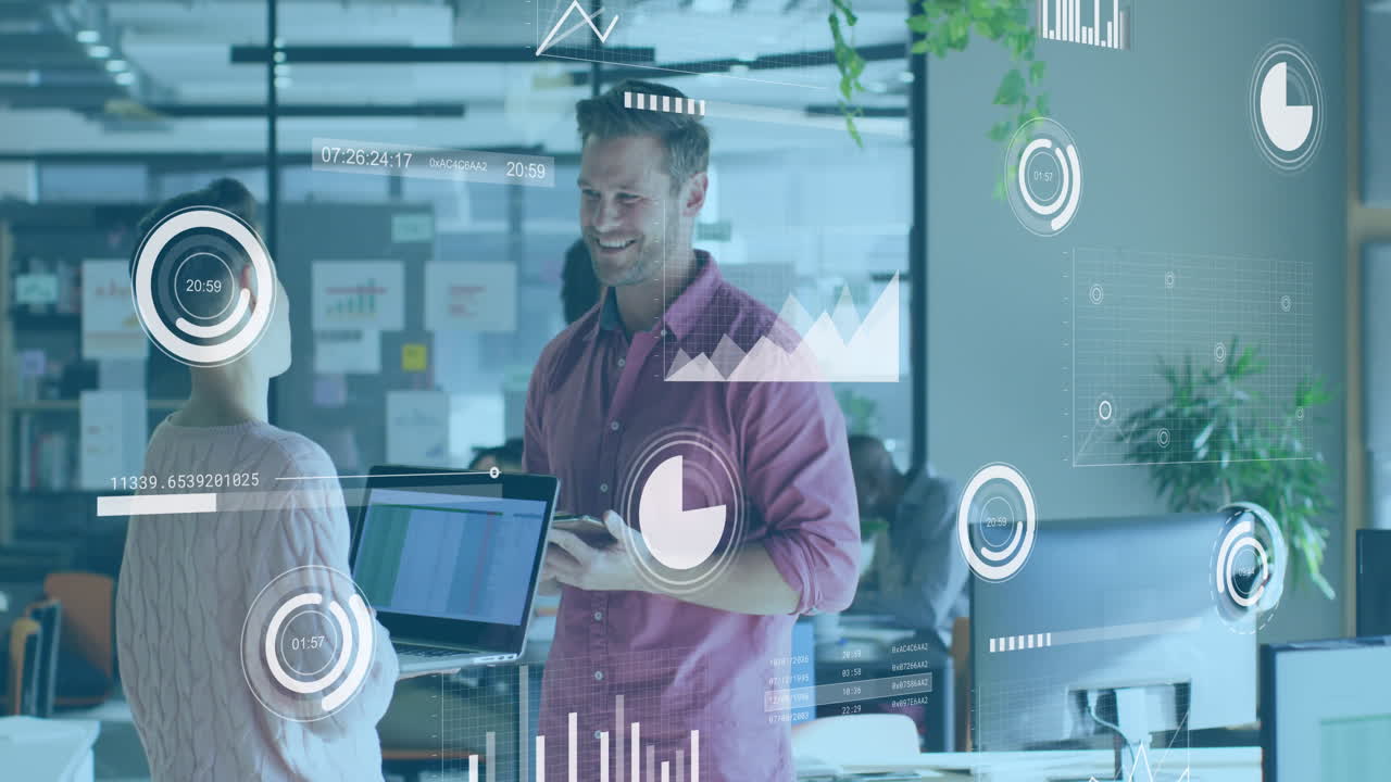 Animation of statistical data processing against diverse man and woman discussing at office