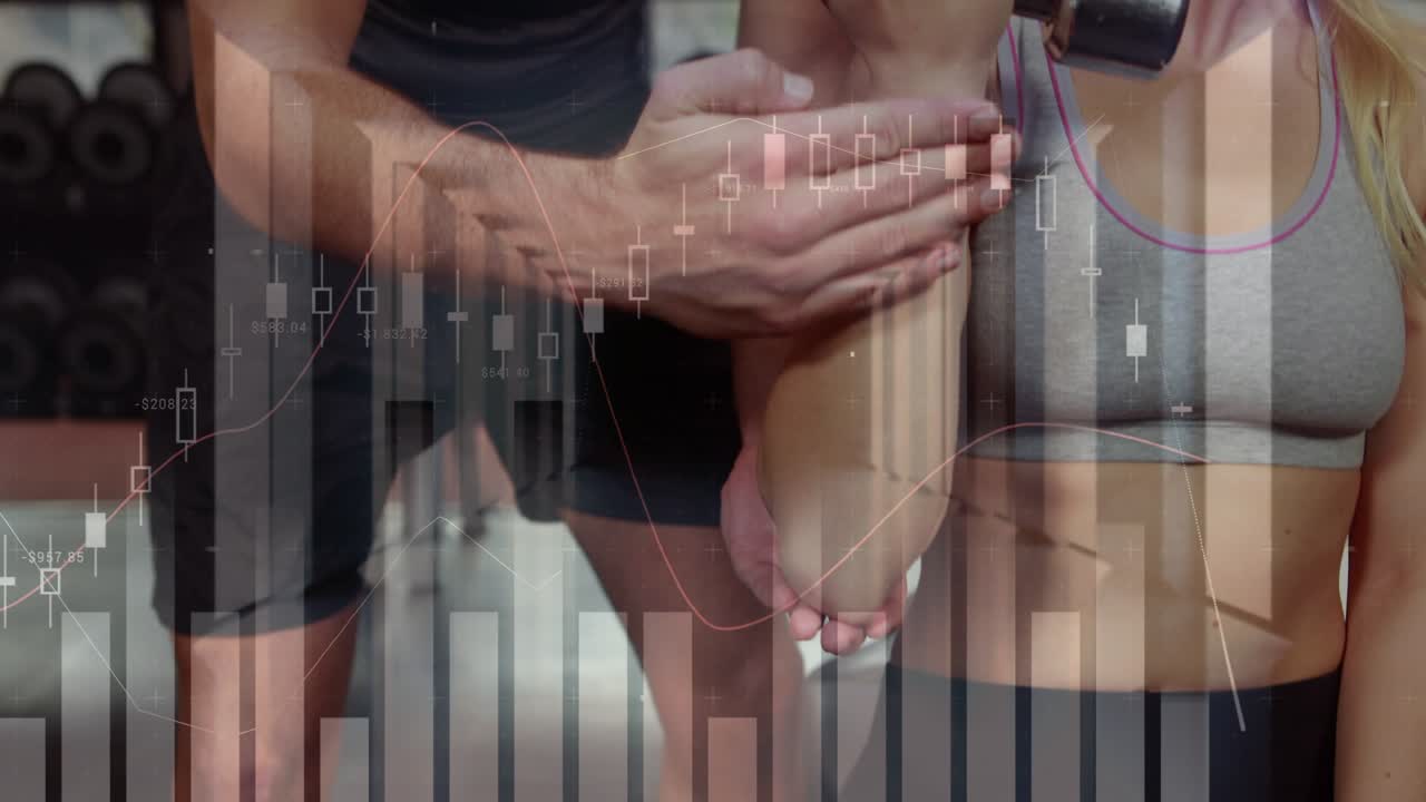 Trainer adjusting grip guiding client fixing form for biceps curl with dumbbell, finance overlay