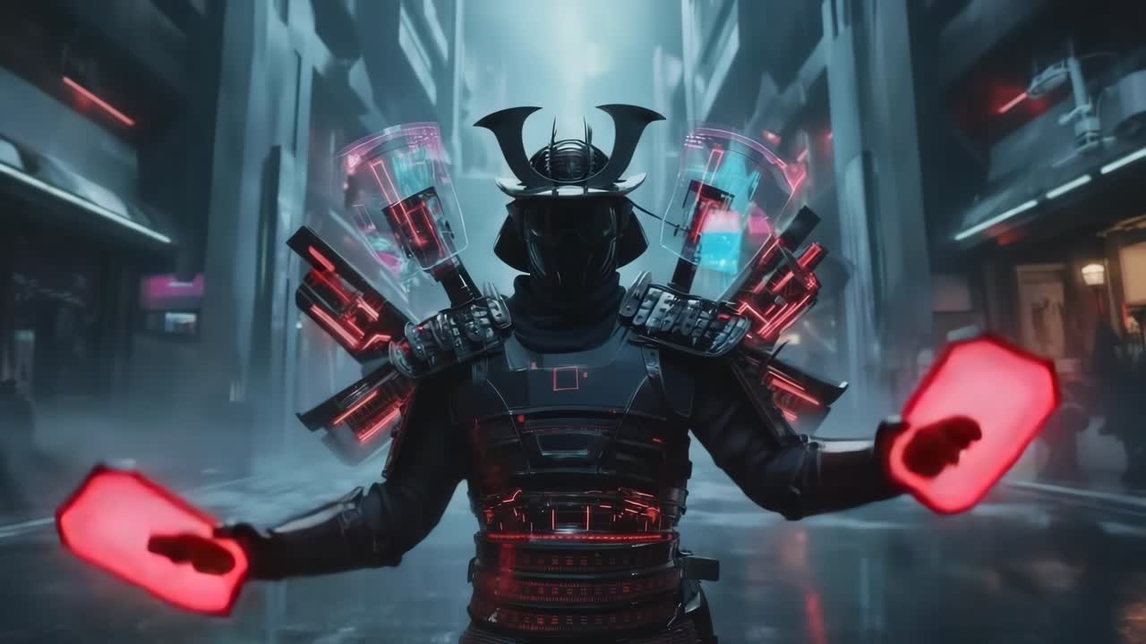 Cyberpunk Samurai Warrior in Futuristic Cityscape