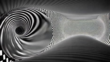 abstract black and white optical illusion with spiral and tunnel patterns
