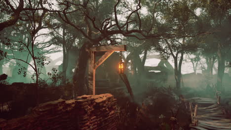 a lantern hangs in a foggy forest, illuminating the path ahead. the ruins of a stone wall are visible in the background, hinting at a mysterious past.