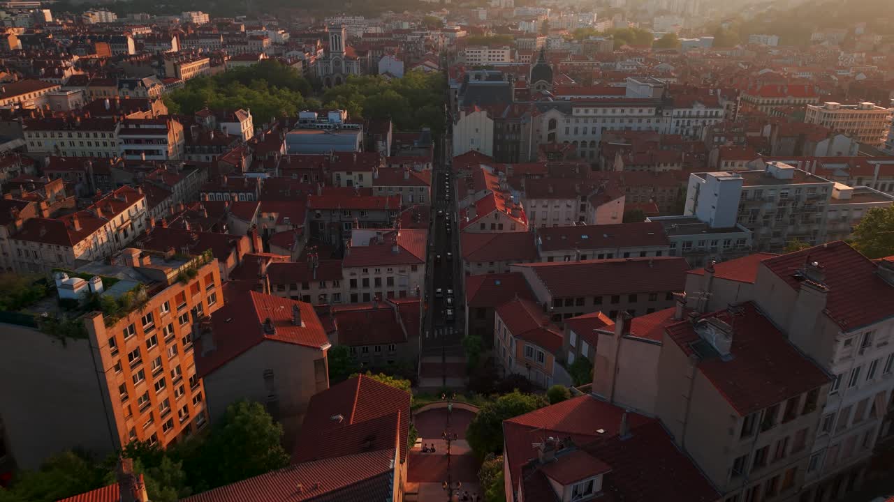 aerial shot over saint etienne revealing the cret de roch in the foreground and the place Jean Jaures and the crassiers in the background, loire departement, auvergne rhone alpes region, france
