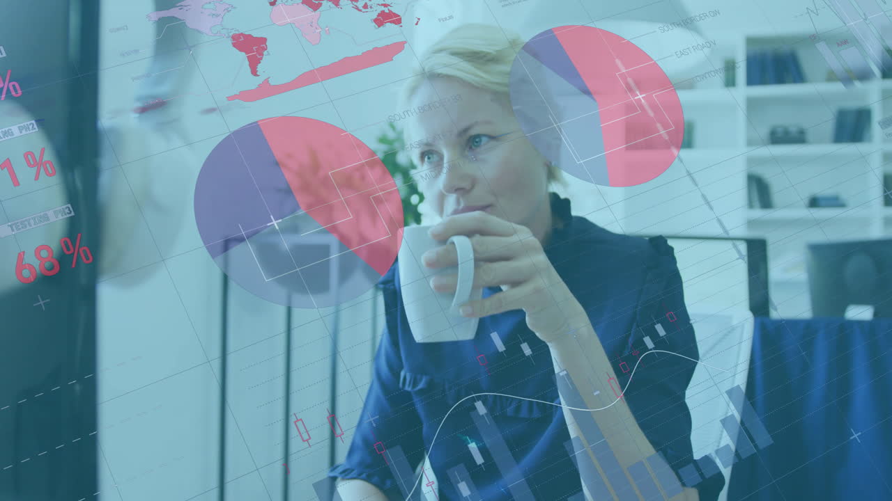 그래프와 차트의 애니메이션 데이터 처리 백인 캐주얼 사업가 여성 커피를 마시고