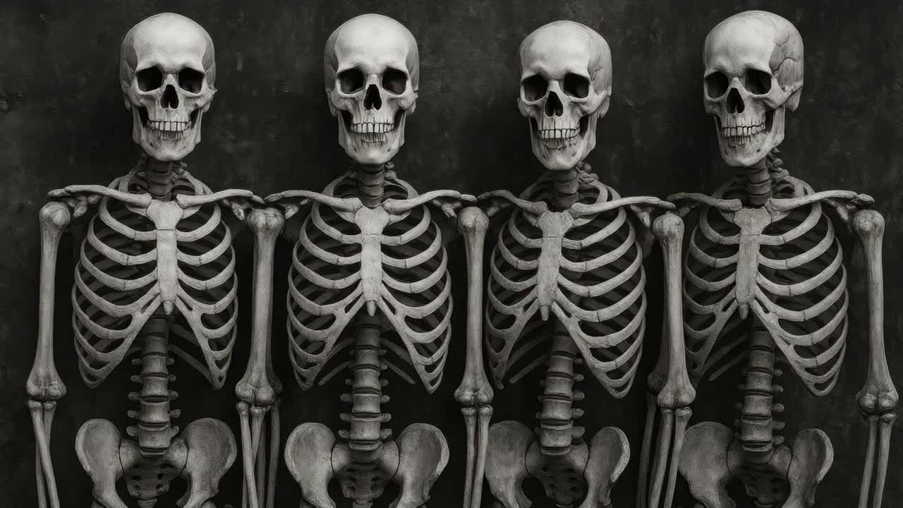 Four skeletons aligned against a dark background, captured from a straight-on angle