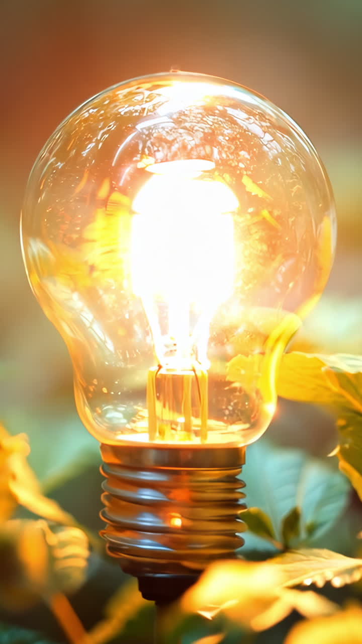 Glowing Light Bulb Surrounded by Lush Greenery in Natural Setting. A bright light bulb illuminates vibrant green leaves in a tranquil outdoor environment. Vertical video