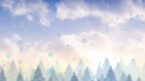 animation of snowflakes falling over winter landscape with tall trees