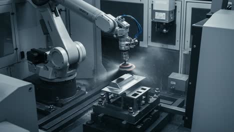 automated precision: a robotic arm engaging in advanced surface finishing on a metal workpiece in a high-tech manufacturing environment