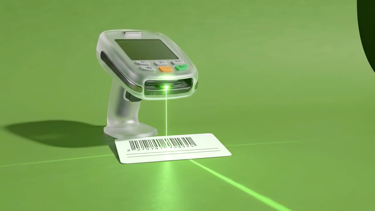 Barcode Scanner on Green Background: A Close-Up Look at a Scanning Device with a Barcode in Focus and the Scanner Ready for Use Appears at the Final Frame