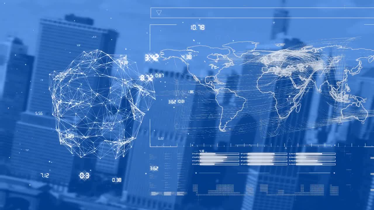 블루 스크린에 도시 풍경에 대한 연결 네트워크와 세계 지도의 전지구 애니메이션