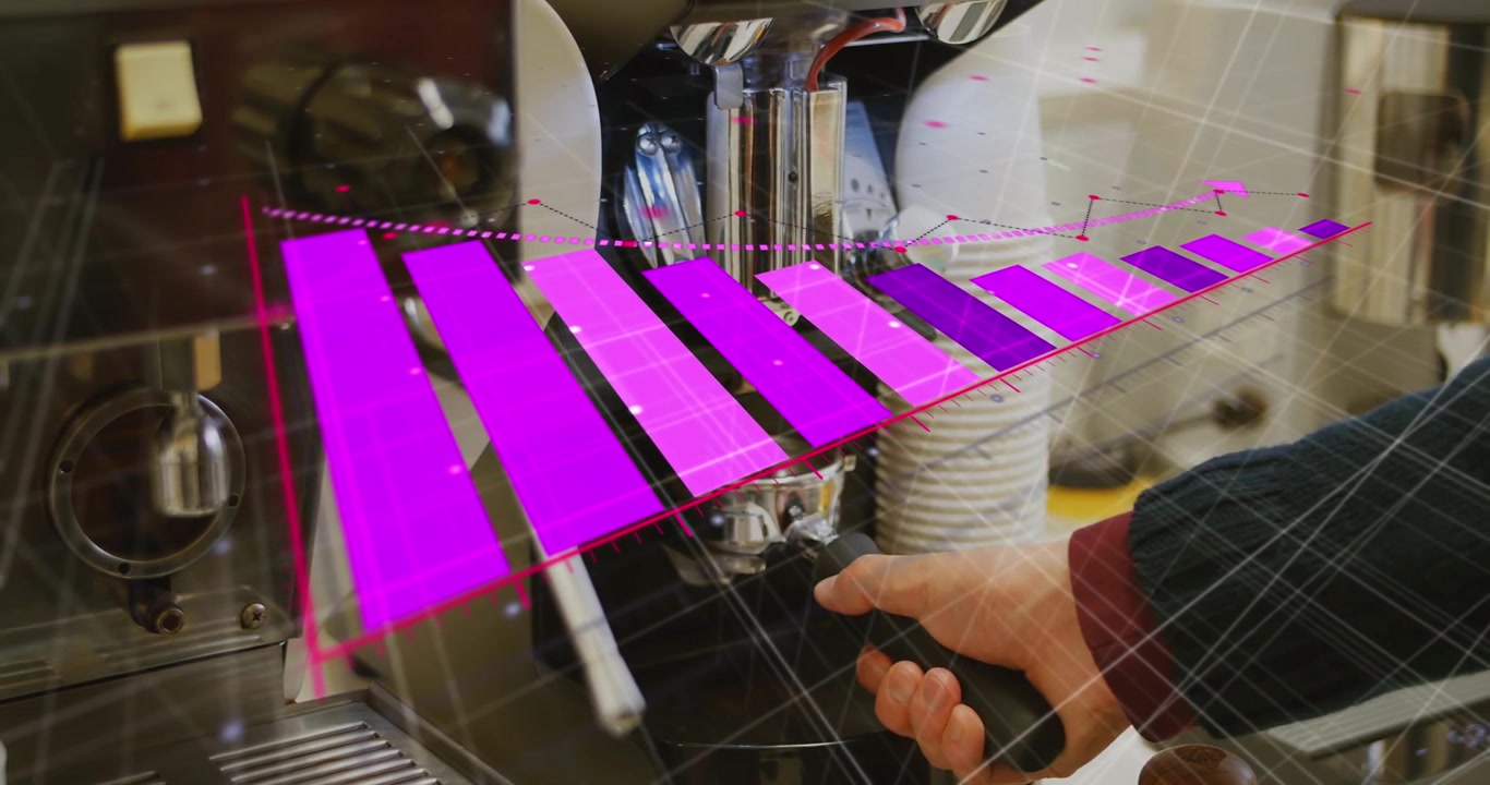 Animation of graph over cropped hands of caucasian barista making coffee through coffee machine