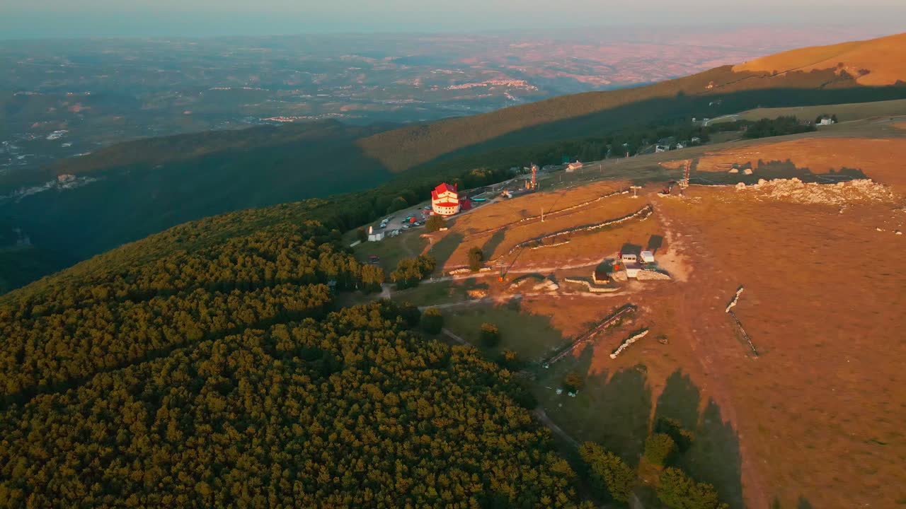 Hotel On The Mountain Near The Ski Lifts, Scenic Sunrise In Majella, Abruzzo, Italy - aerial drone shot