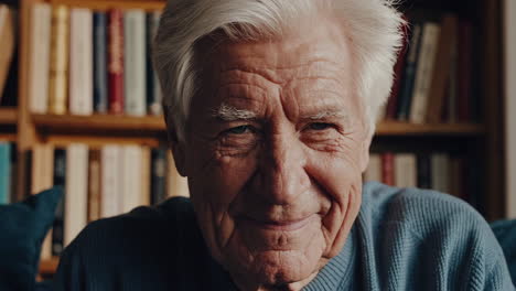 close-up portrait of a smiling elderly man with a bookshelf in the background