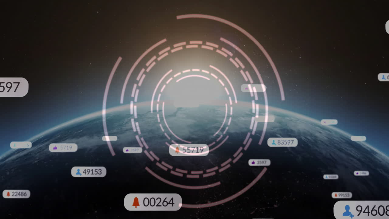 Digital notifications and data analytics animation over view of Earth from space